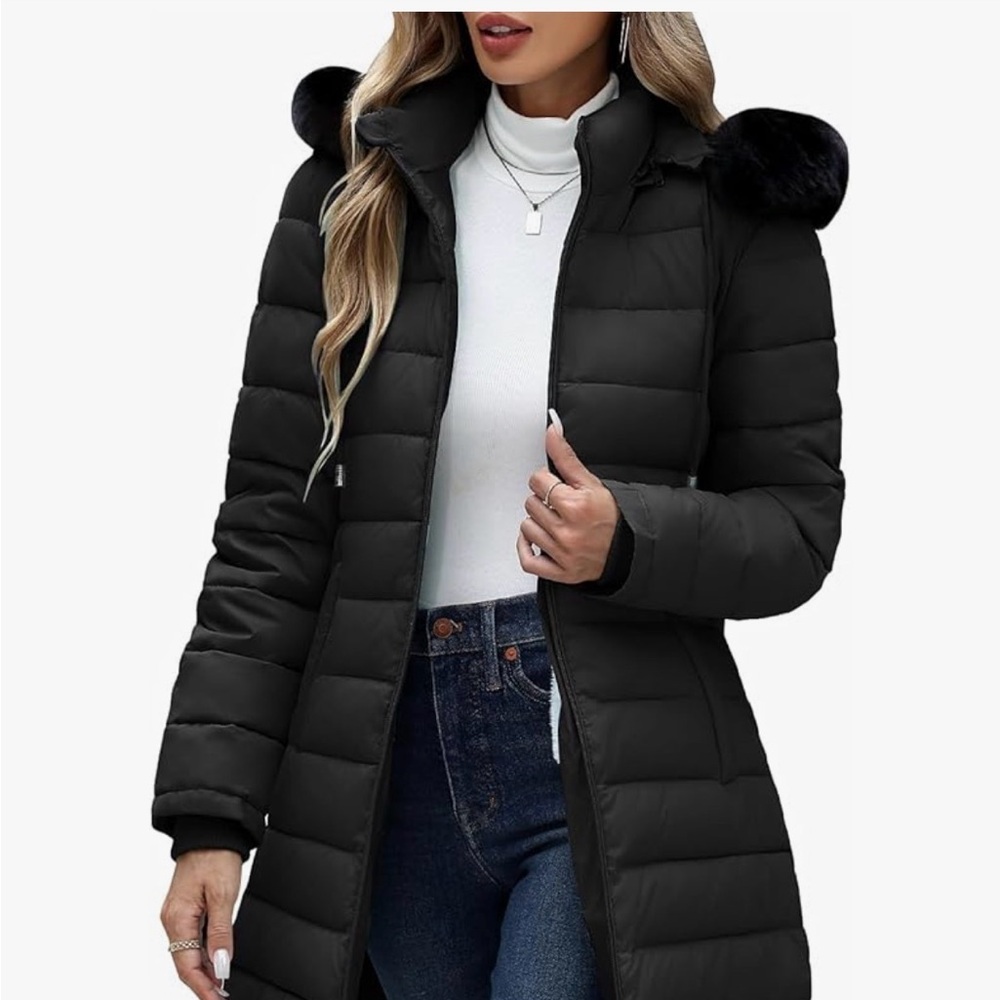 Women's Black Long Puffer Coat with Faux Fur Trim Hood